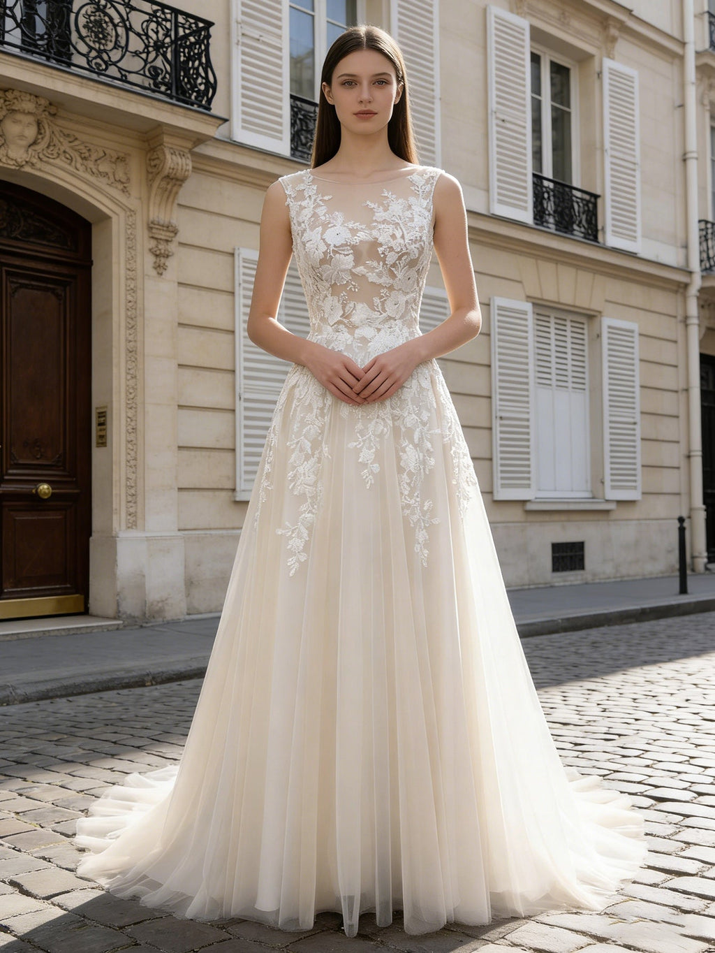 Long Sleeve Lace A-Line Wedding Dress with Illusion Neckline