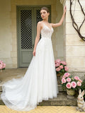 Spaghetti Strap Lace Tulle Ball Gown Wedding Dress with V-Neck Bodice