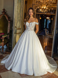 Off Shoulder Satin Ball Gown Wedding Dress with Beaded Lace Bodice