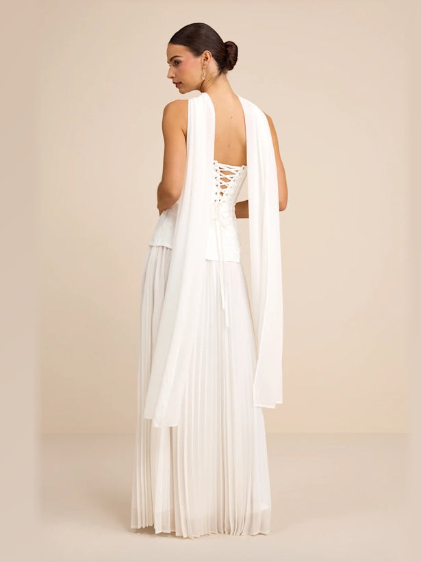 White Pleated A-Line Maxi Chiffon Formal Dress for Special Occasion