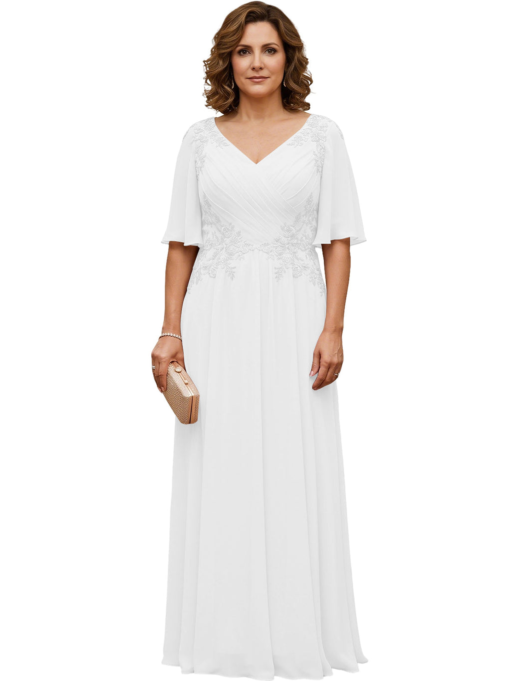 Mother of the Bride Dress Long Chiffon A-Line Gown with Flutter Sleeves and Beaded Lace