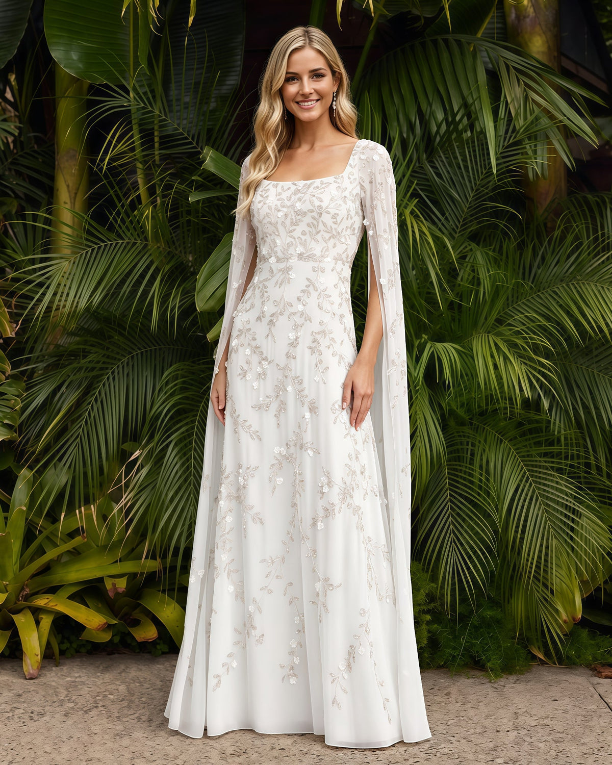 Square-Neck Long-Sleeve Lace A-Line Formal Dress