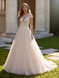 Cap Sleeve Lace Tulle A-Line Wedding Dress with V-Neck Bodice