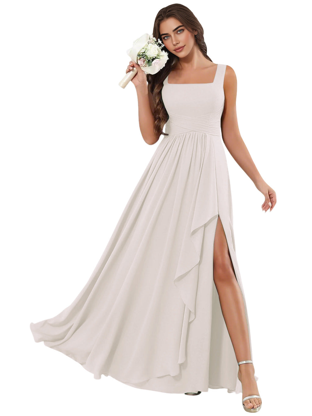 Square Neck Chiffon Bridesmaid Dress with Corset Back and Slit