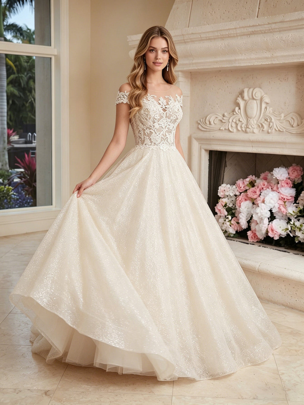Off Shoulder Lace Tulle Ball Gown Wedding Dress with Sweetheart Neckline