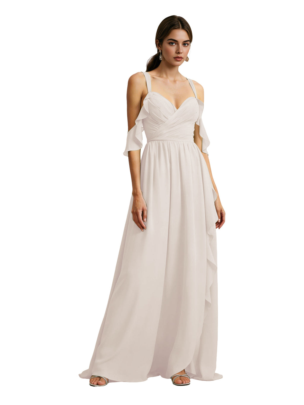 Cold Shoulder Chiffon Bridesmaid Dress with Draped V-Neck Bodice