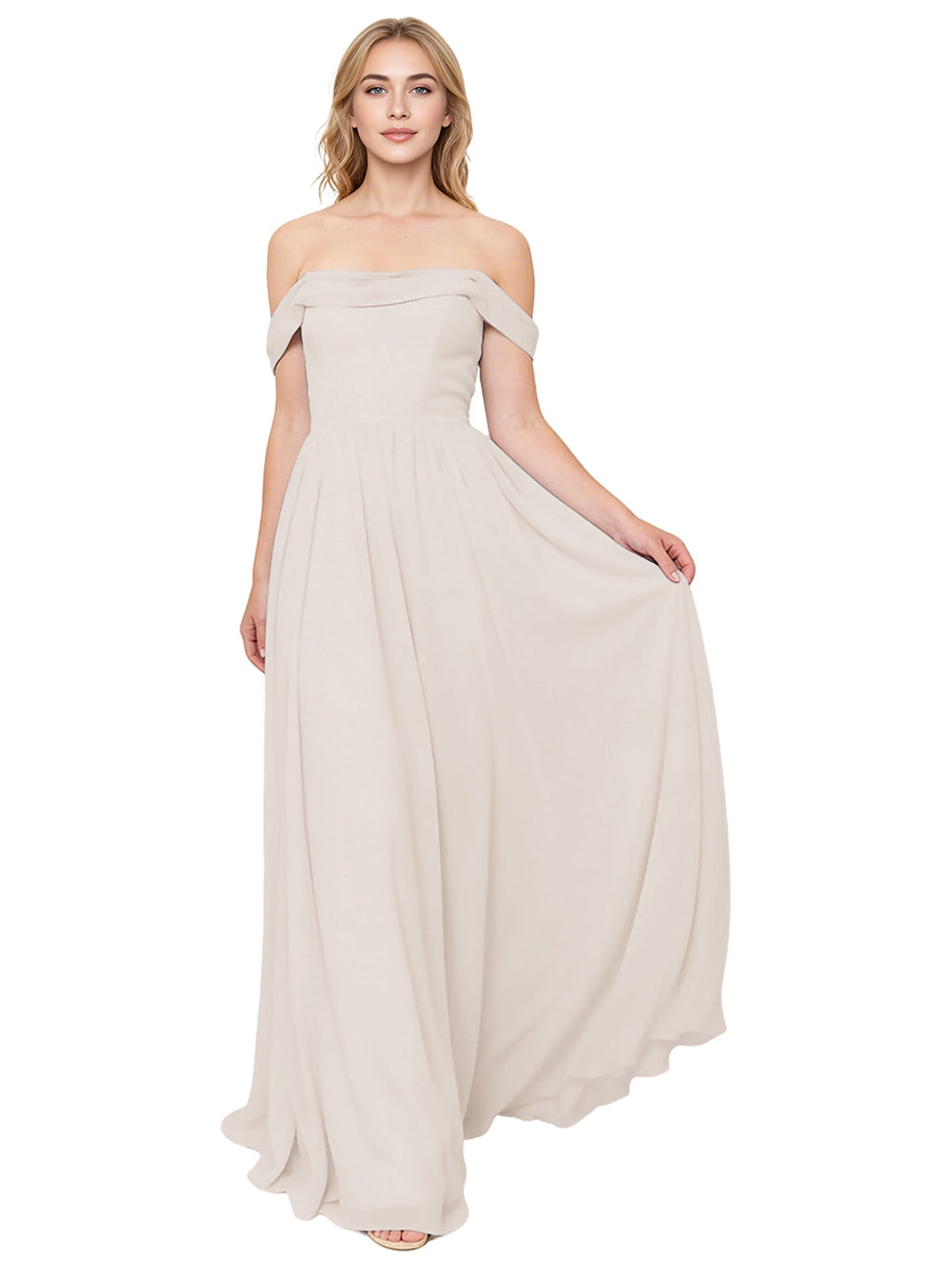 Off Shoulder Pleated Chiffon Bridesmaid Dress with Flowing A-Line Dress