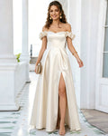 Off Shoulder Floral Sleeve Satin Formal Dress with Side Slit