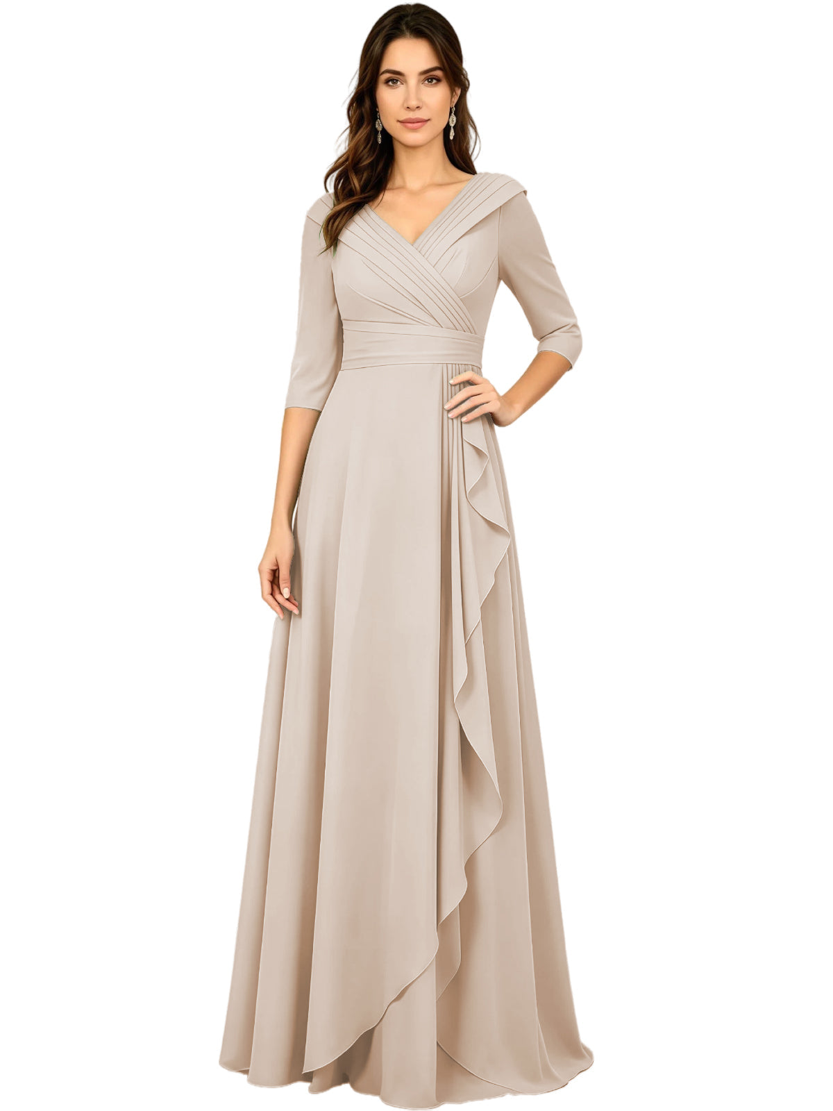 Long V-Neck Mother of the Bride Dress Chiffon Half Sleeve A-Line Gown with Side Ruffle