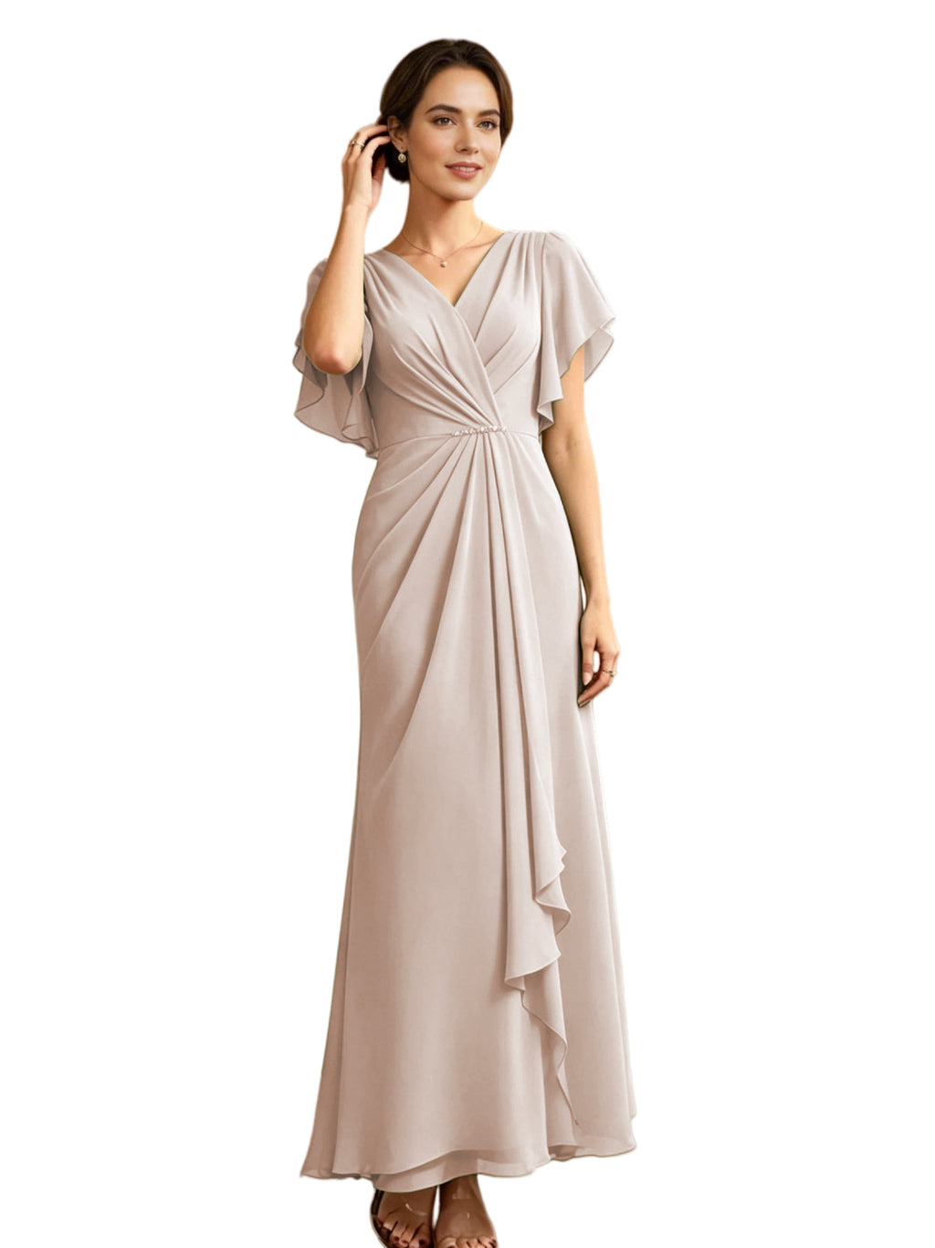 Long Chiffon Mother of the Bride Dress V-Neck Flutter Sleeve A-Line Gown with Beaded Waist