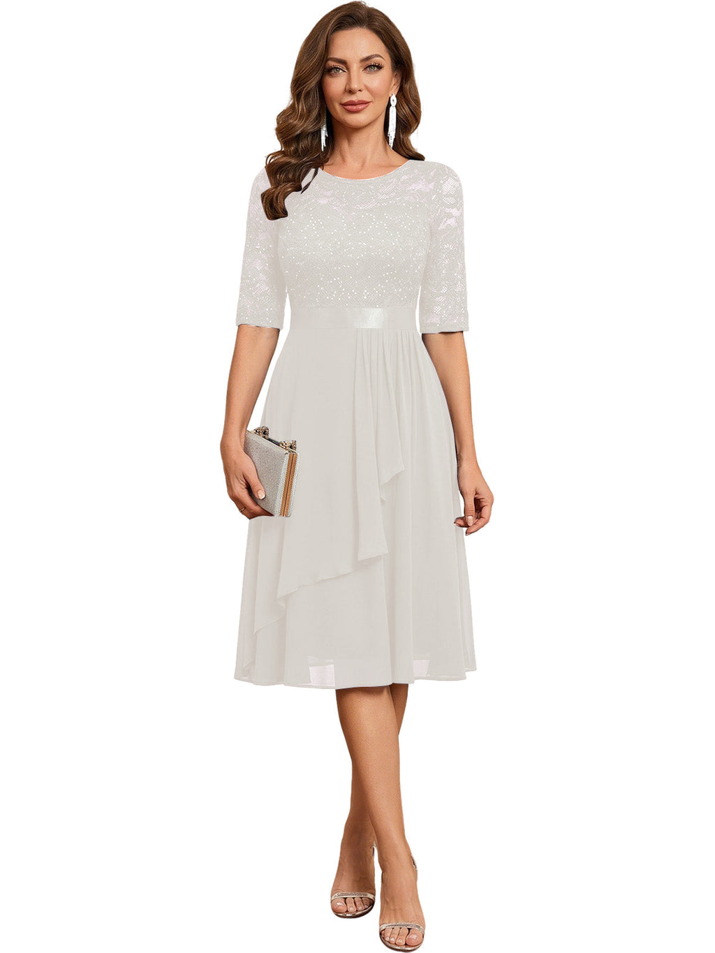 Knee Length Mother of the Bride Dress Sequined Lace Bodice Chiffon Skirt Formal Guest Outfit