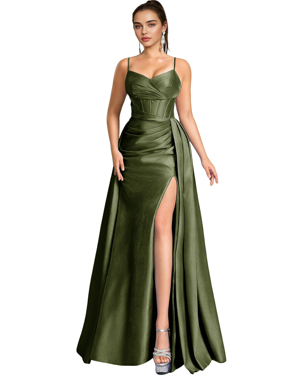 One Shoulder Satin A-Line Prom Dress with Wrap Bodice and Side Slit