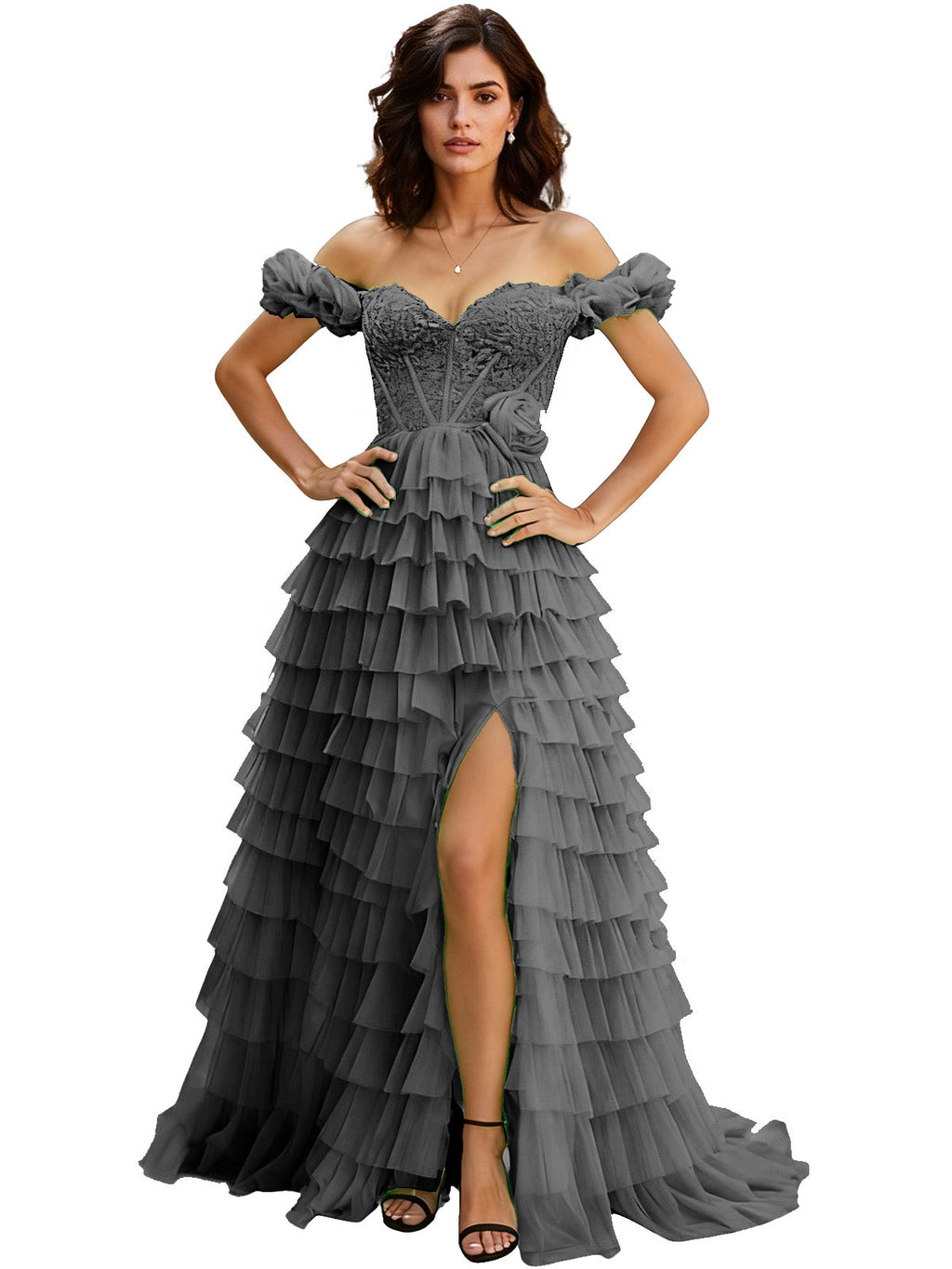 Off Shoulder Tulle Ball Gown Prom Dress with Ruffle Sleeves and Slit