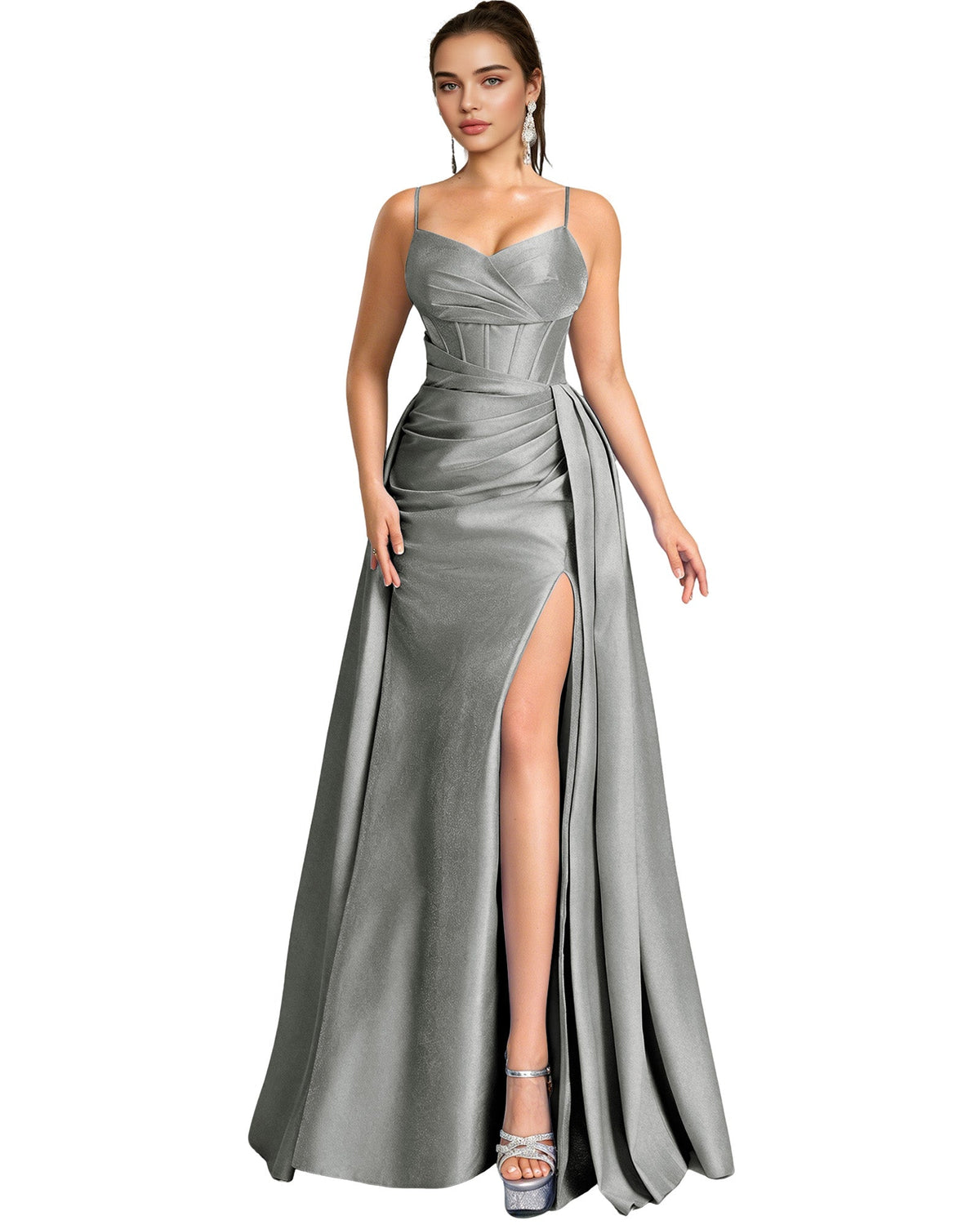One Shoulder Satin A-Line Prom Dress with Wrap Bodice and Side Slit