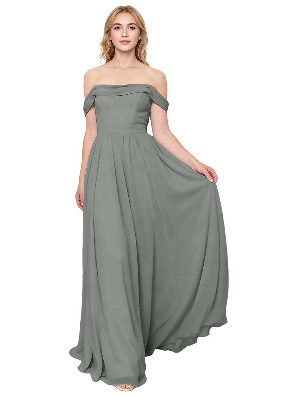 Off Shoulder Pleated Chiffon Bridesmaid Dress with Flowing A-Line Dress