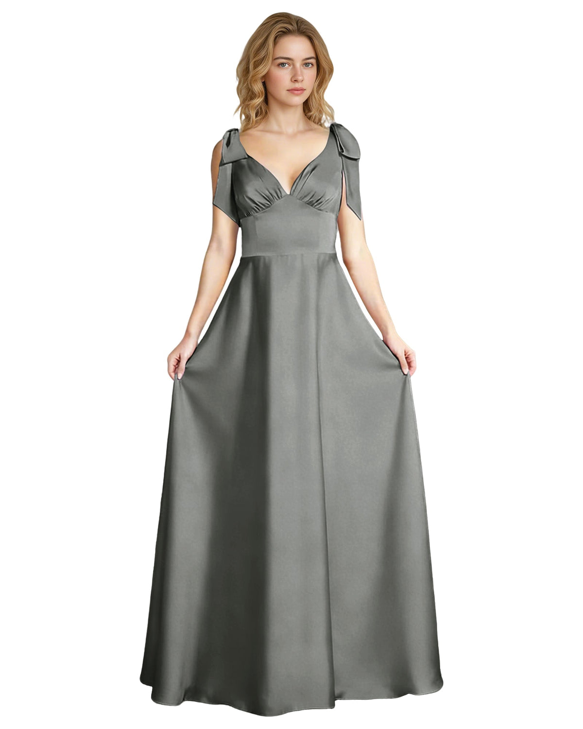V-Neck Bow Strap Satin Bridesmaid Dress with Empire Waist