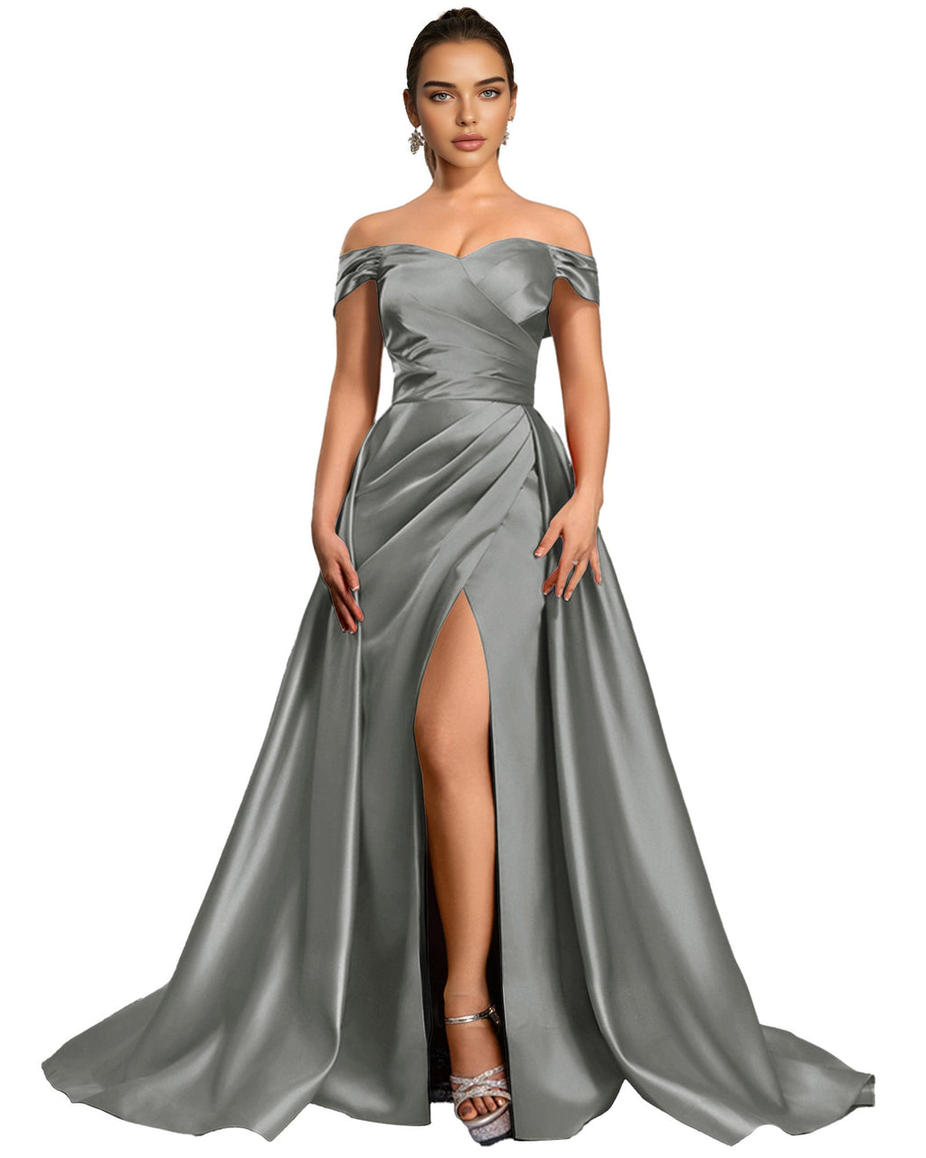 Off Shoulder Satin Ball Gown Prom Dress with Draped Bodice and Slit