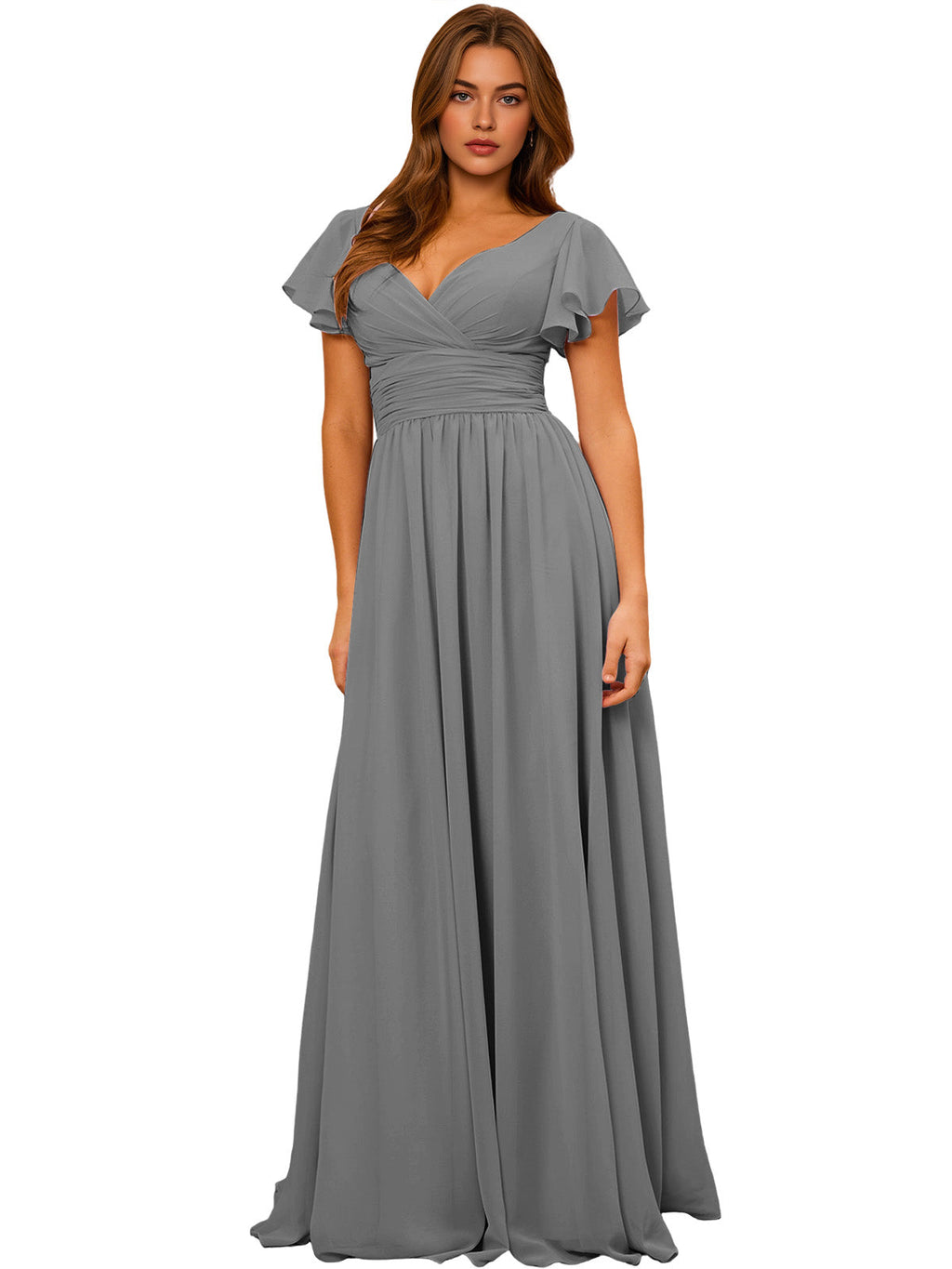 V-Neck Flutter Sleeve Chiffon Bridesmaid Dress with Empire Waist