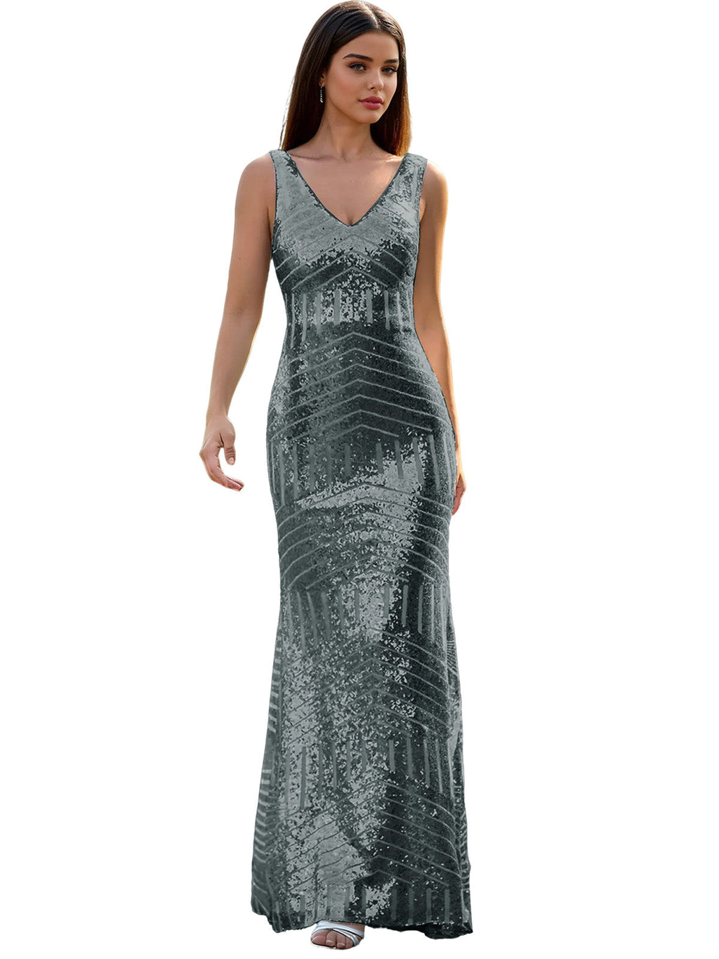 V-Neck Sequin Column Prom Dress with Beaded Waist and Low Back