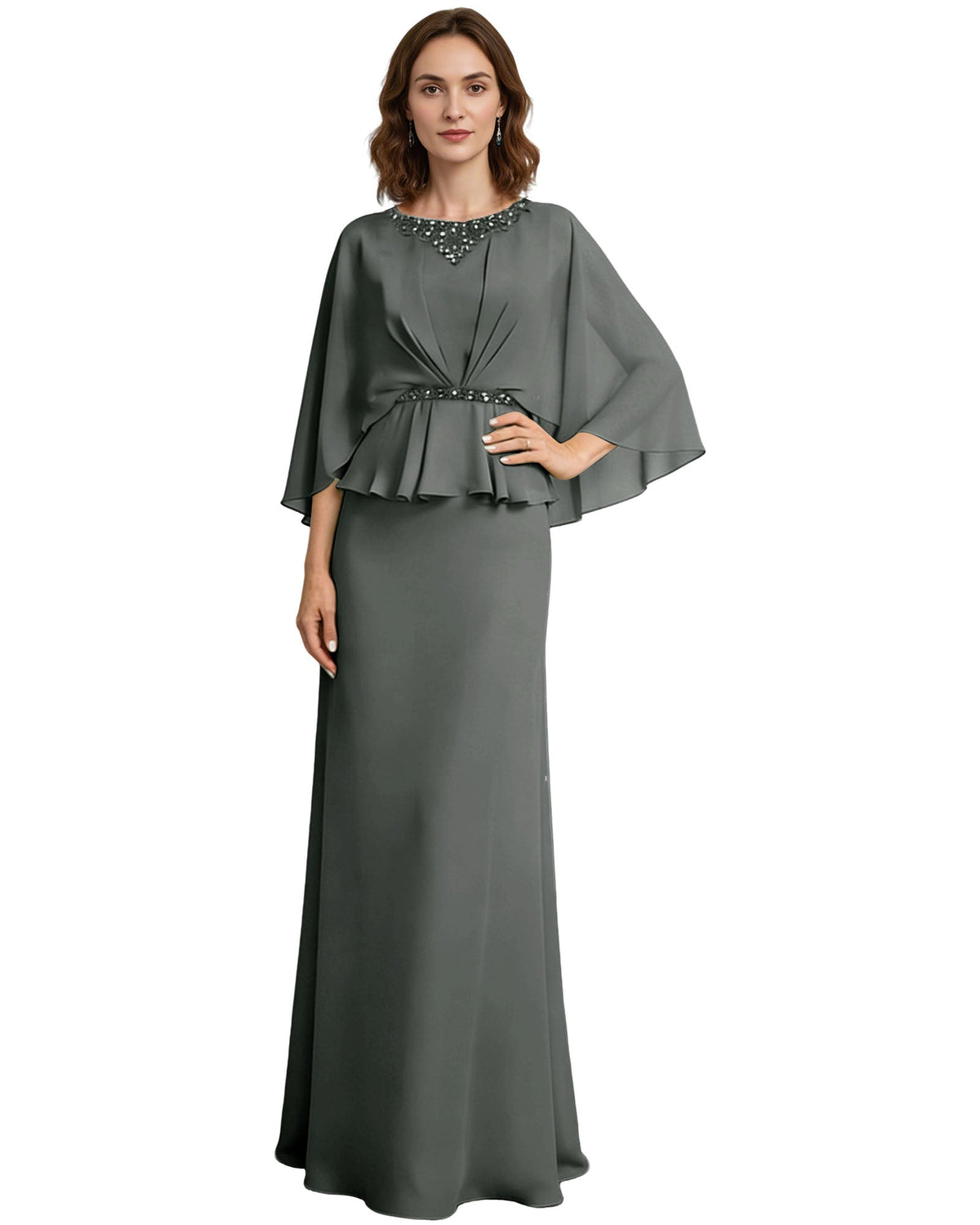 Capelet Mother of the Bride Dress Long Beaded Neck Peplum Chiffon Formal Gown