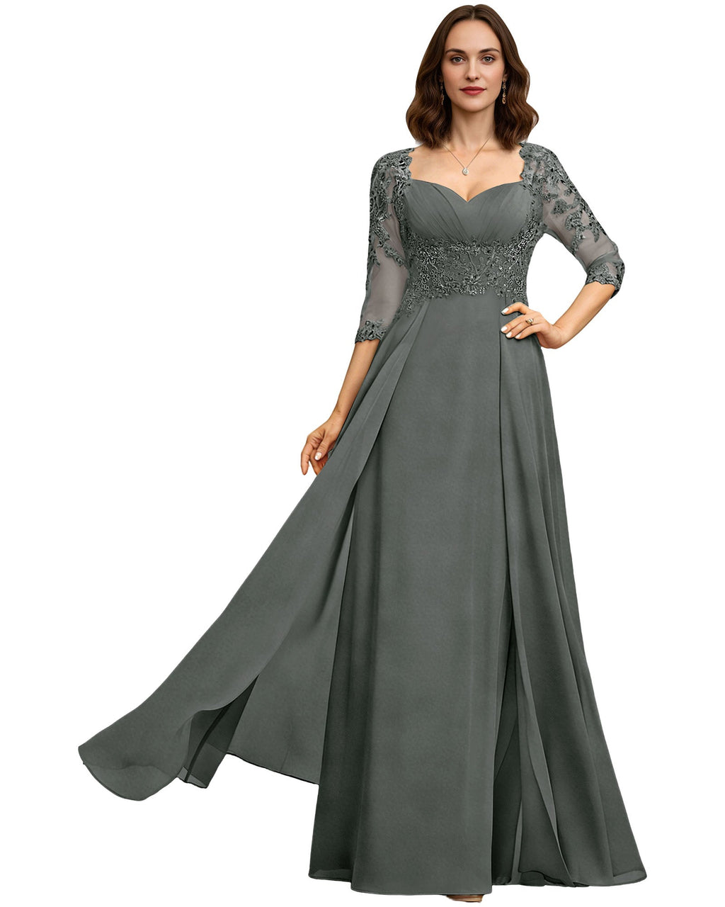 Long Sweetheart Mother of the Bride Dress Lace 3/4 Sleeve Chiffon A-Line Gown