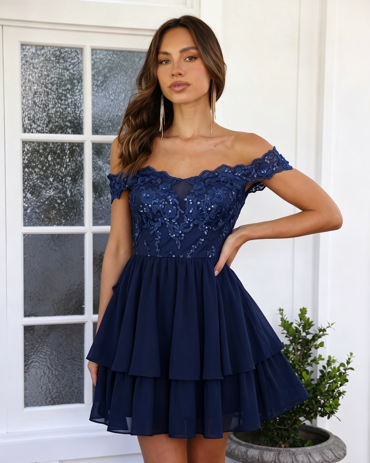 Off Shoulder Lace A-Line Homecoming Dress with Tiered Dress