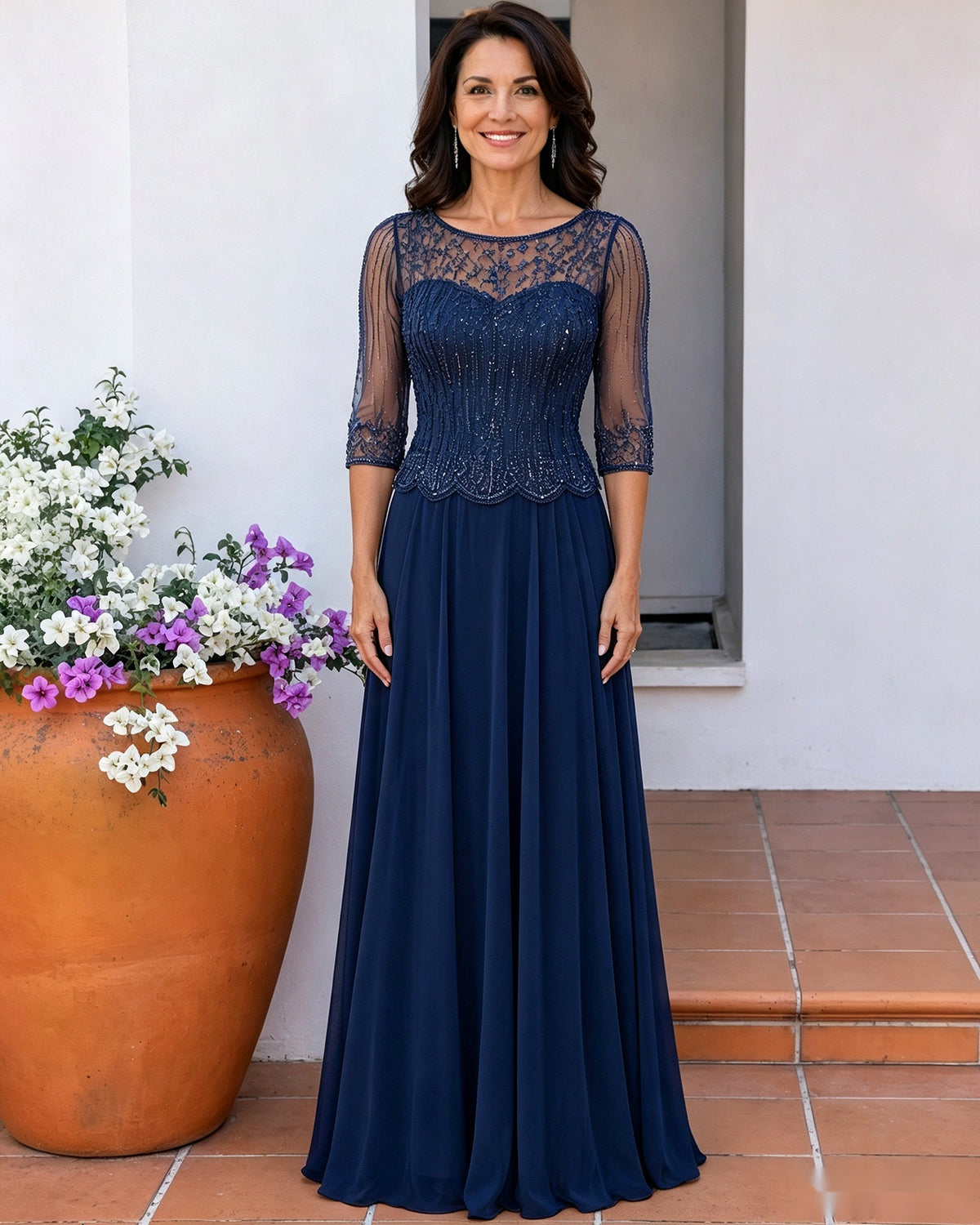 Illusion Lace Three-Quarter Sleeve A-Line Mother of the Bride Dress