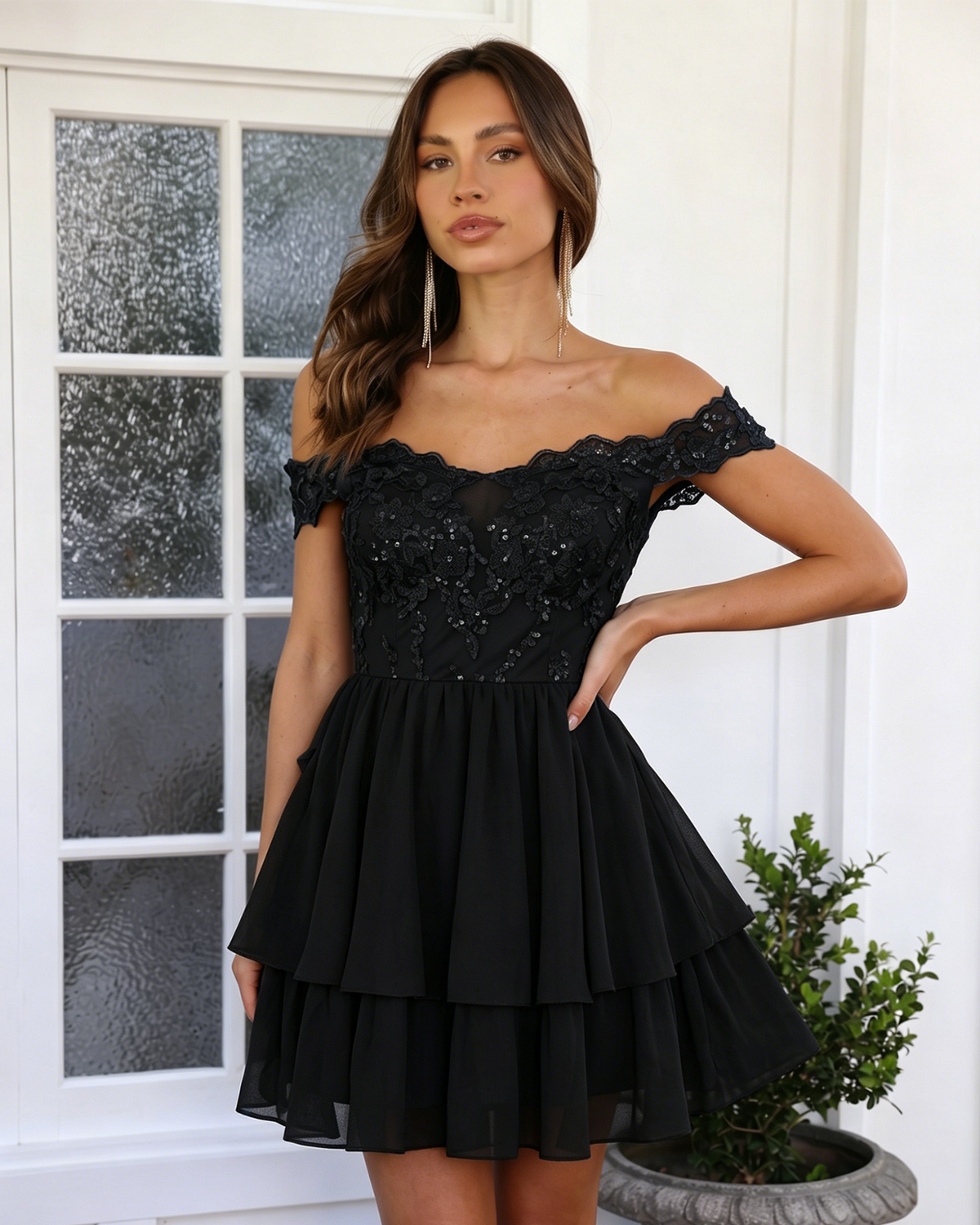Off Shoulder Lace A-Line Homecoming Dress with Tiered Dress