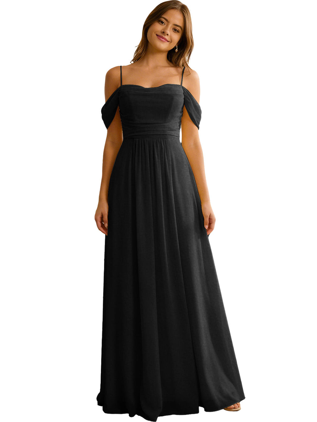 Off Shoulder Chiffon Bridesmaid Dress with Soft Pleated Bodice