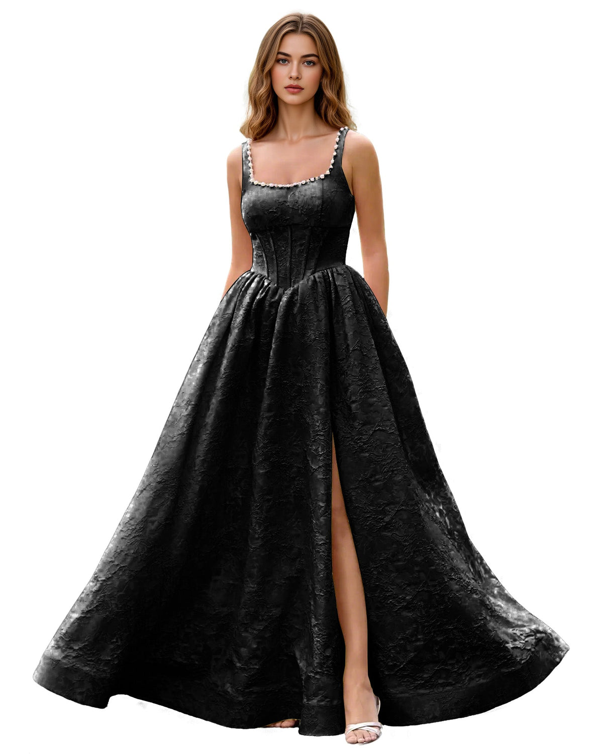 Square Neck Jacquard Ball Gown Prom Dress with Wide Straps and Pockets