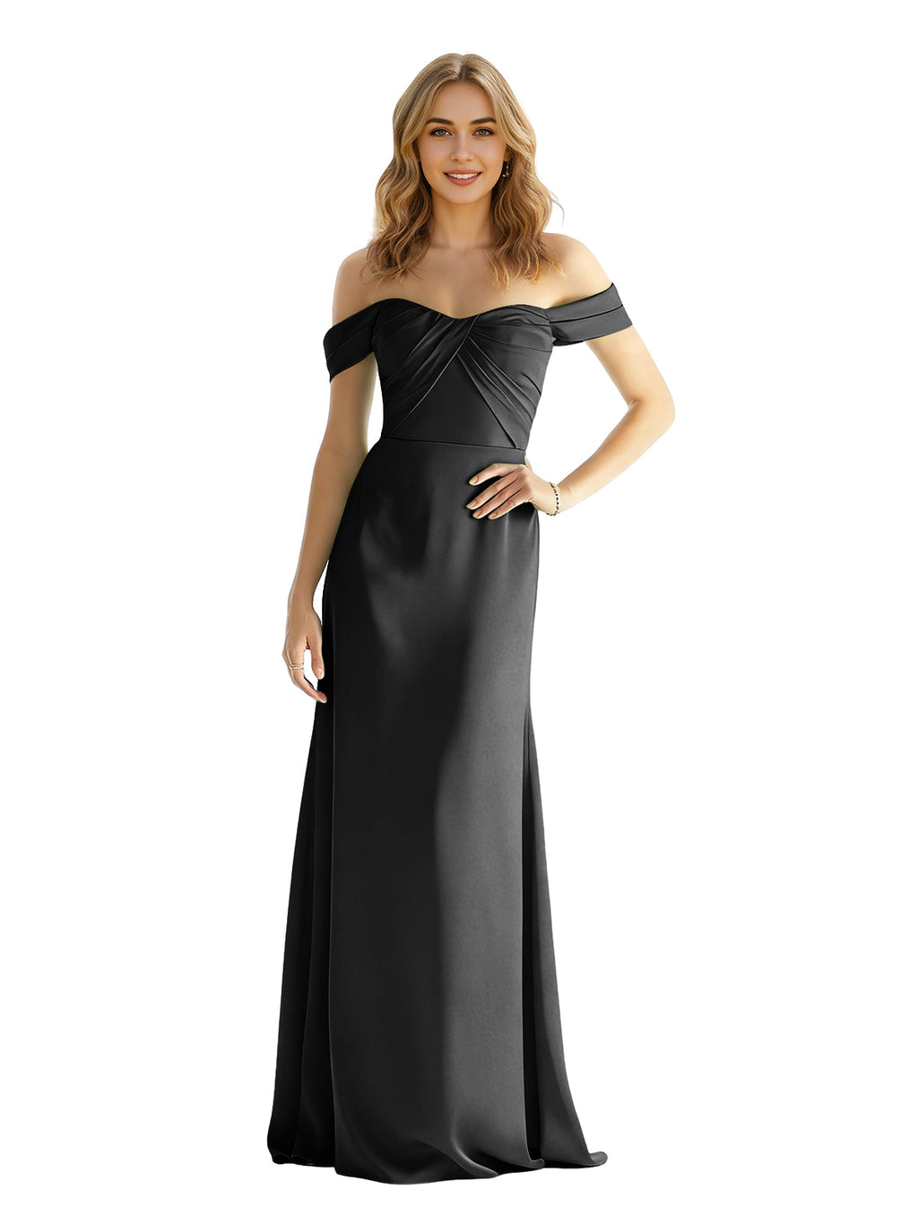 Sweetheart Off Shoulder Satin Bridesmaid Dress with Wrapped Bodice