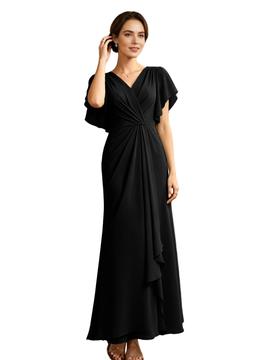 Long Chiffon Mother of the Bride Dress V-Neck Flutter Sleeve A-Line Gown with Beaded Waist
