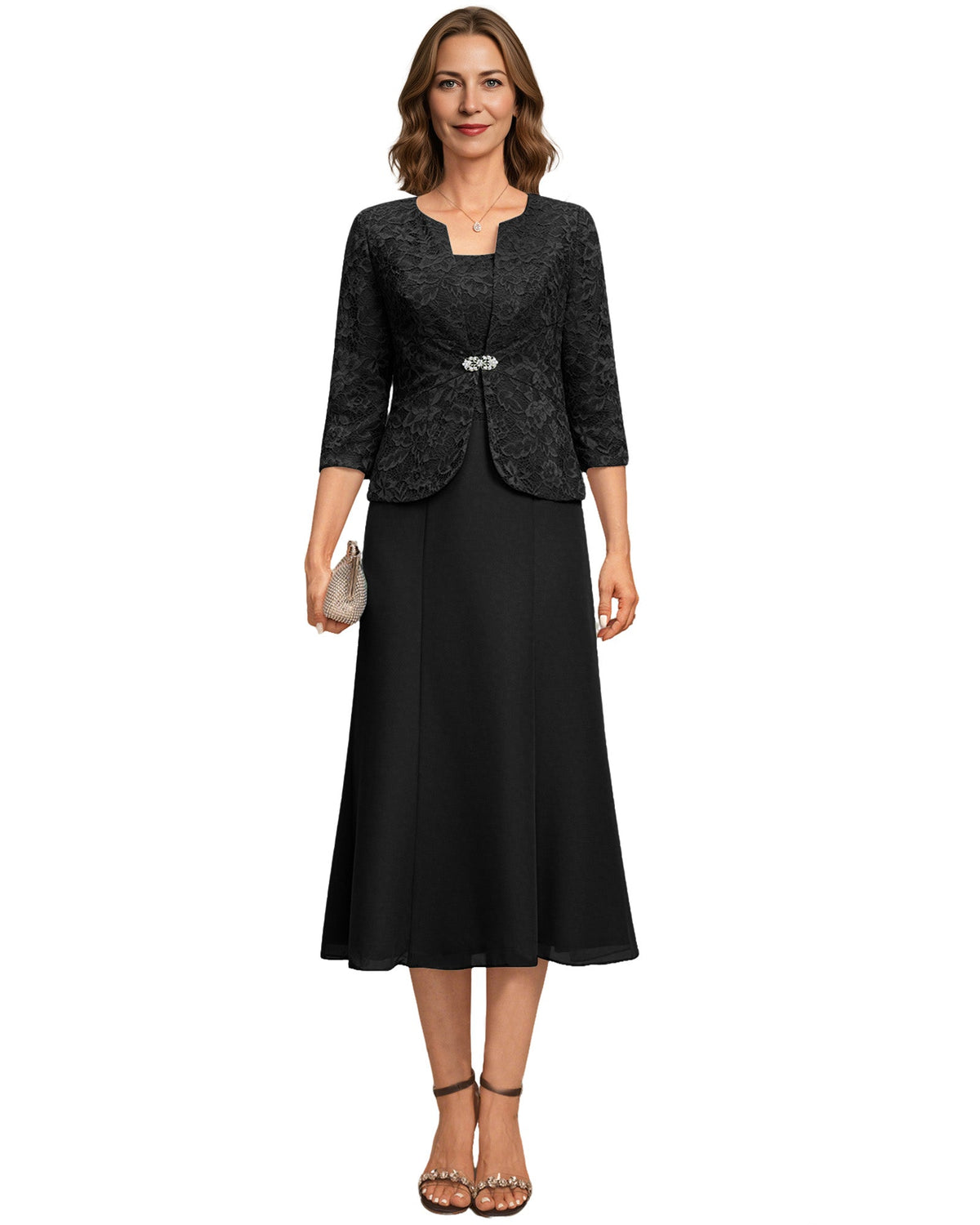 Tea Length Mother of the Bride Dress Lace Jacket Chiffon A-Line Wedding Guest Outfit