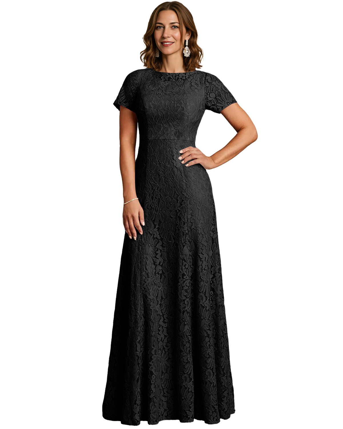 Long Lace Mother of the Bride Dress Short Sleeve Mermaid Gown with Crew Neckline