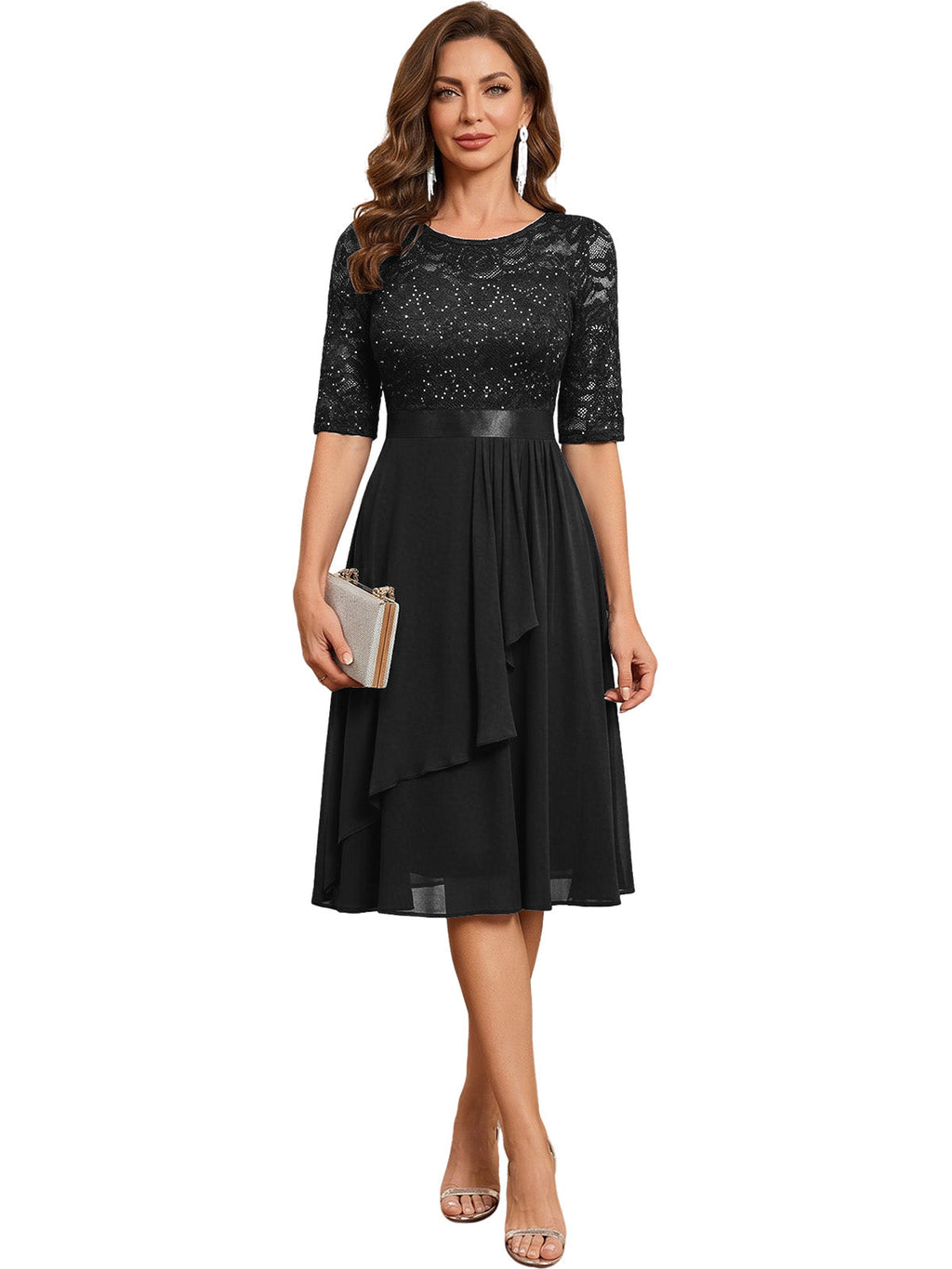 Knee Length Mother of the Bride Dress Sequined Lace Bodice Chiffon Skirt Formal Guest Outfit