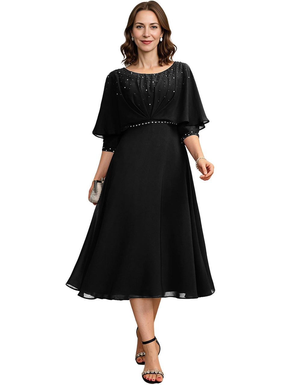 Beaded Cape Mother of the Bride Dress Tea Length Chiffon A-Line Formal Guest Gown
