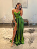 Green Ruched Pleated Slit Sweetheart A-Line Floor-Length Prom Dress for Evening Banquet