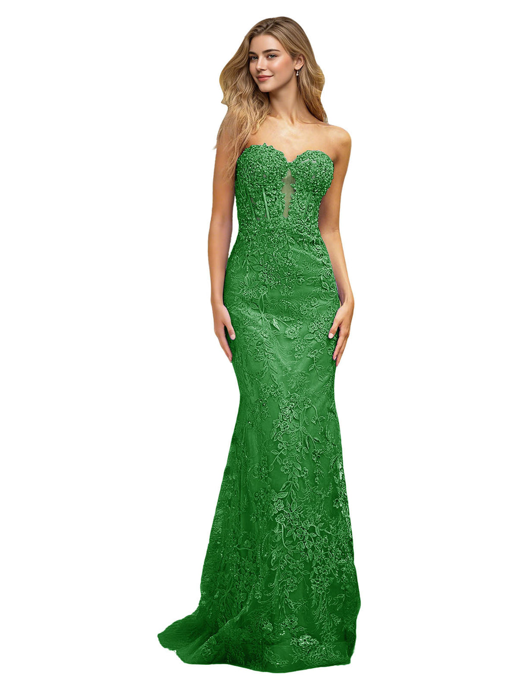 Strapless Floral Lace Mermaid Prom Dress with Sparkle Applique and Train