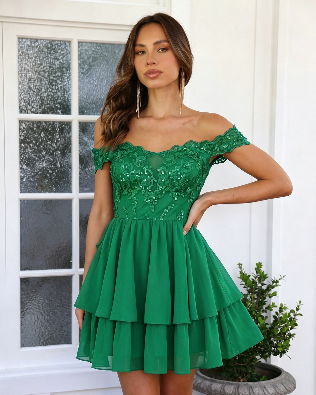 Off Shoulder Lace A-Line Homecoming Dress with Tiered Dress