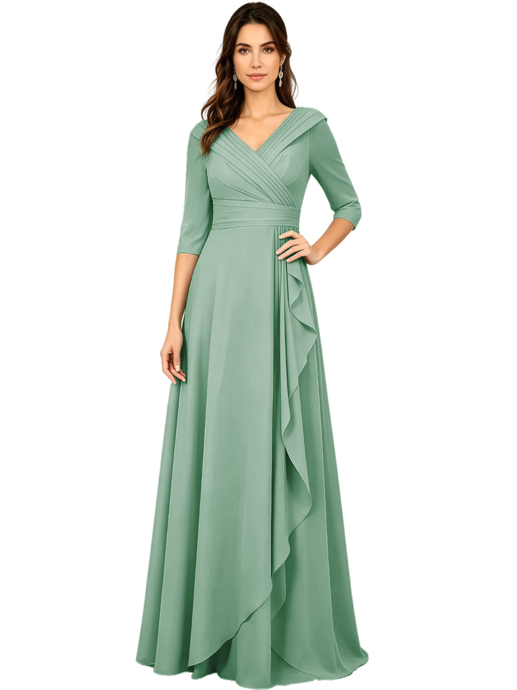 Long V-Neck Mother of the Bride Dress Chiffon Half Sleeve A-Line Gown with Side Ruffle