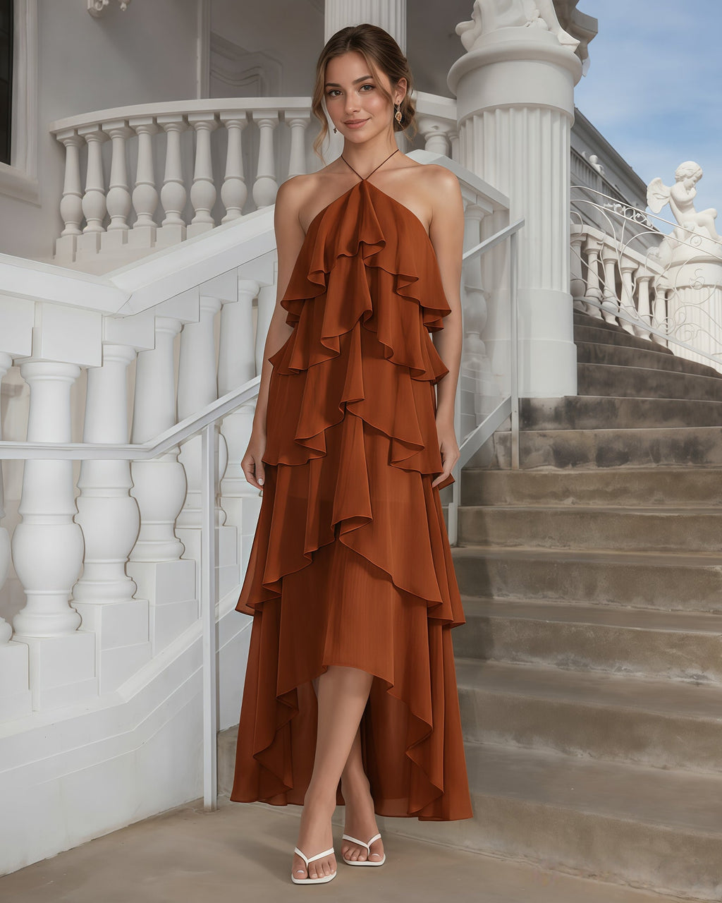One-Shoulder Tiered Ruffle High-Low Chiffon Formal Dress