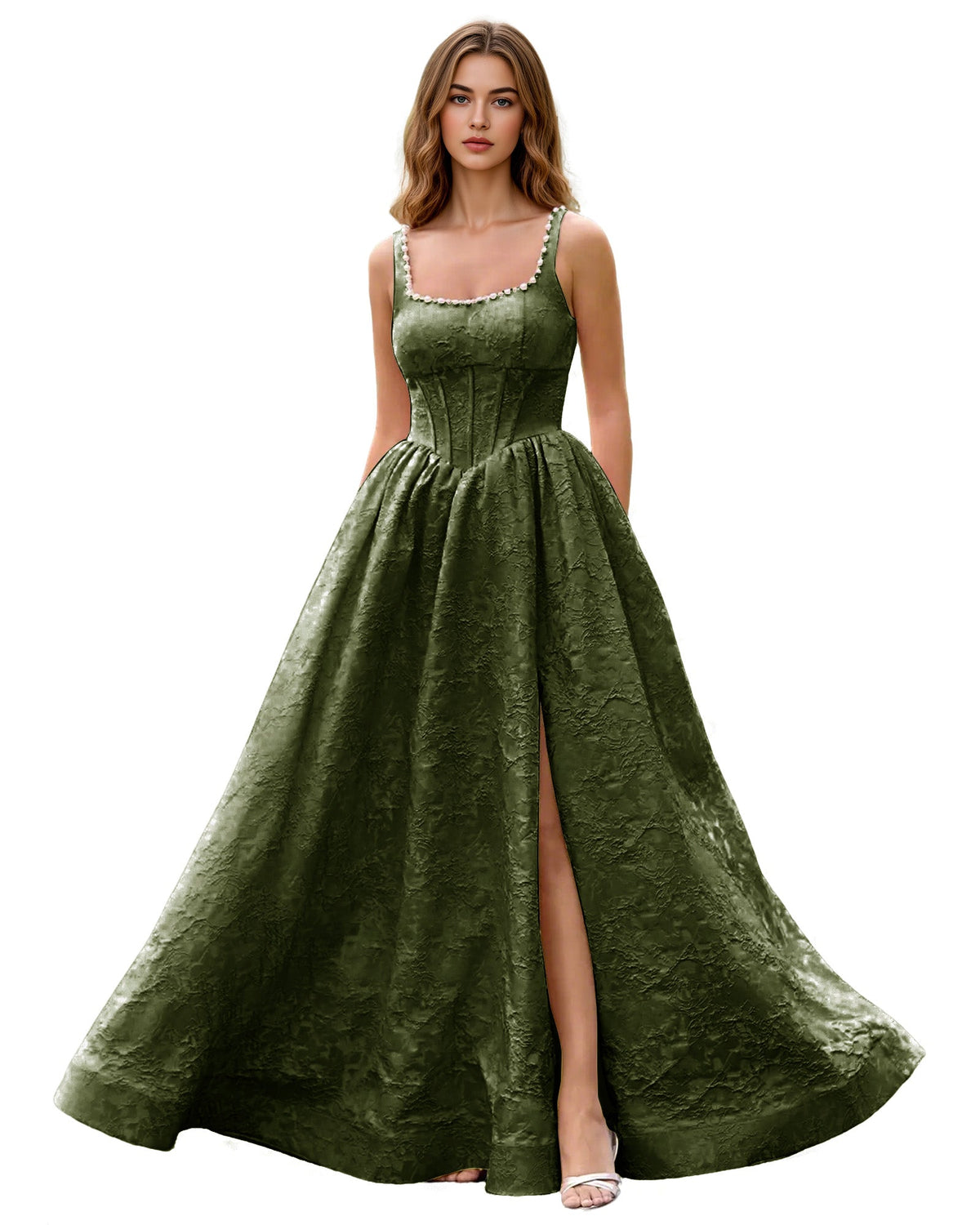 Square Neck Jacquard Ball Gown Prom Dress with Wide Straps and Pockets