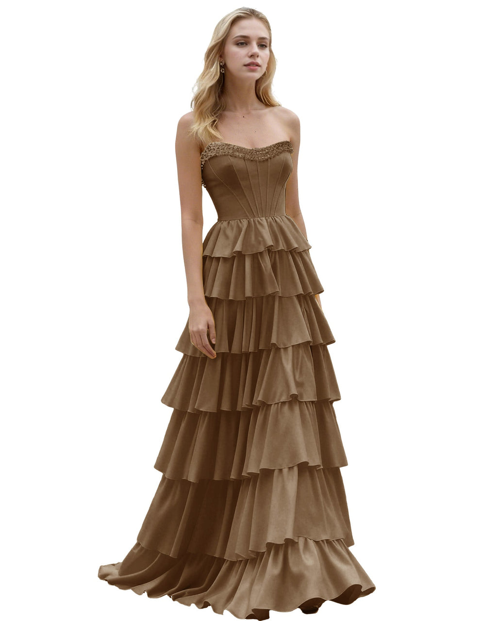 Strapless Tiered Ruffle A-Line Prom Dress with Corset Bodice