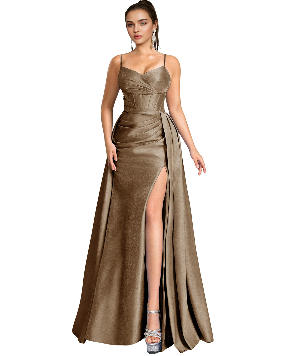 One Shoulder Satin A-Line Prom Dress with Wrap Bodice and Side Slit
