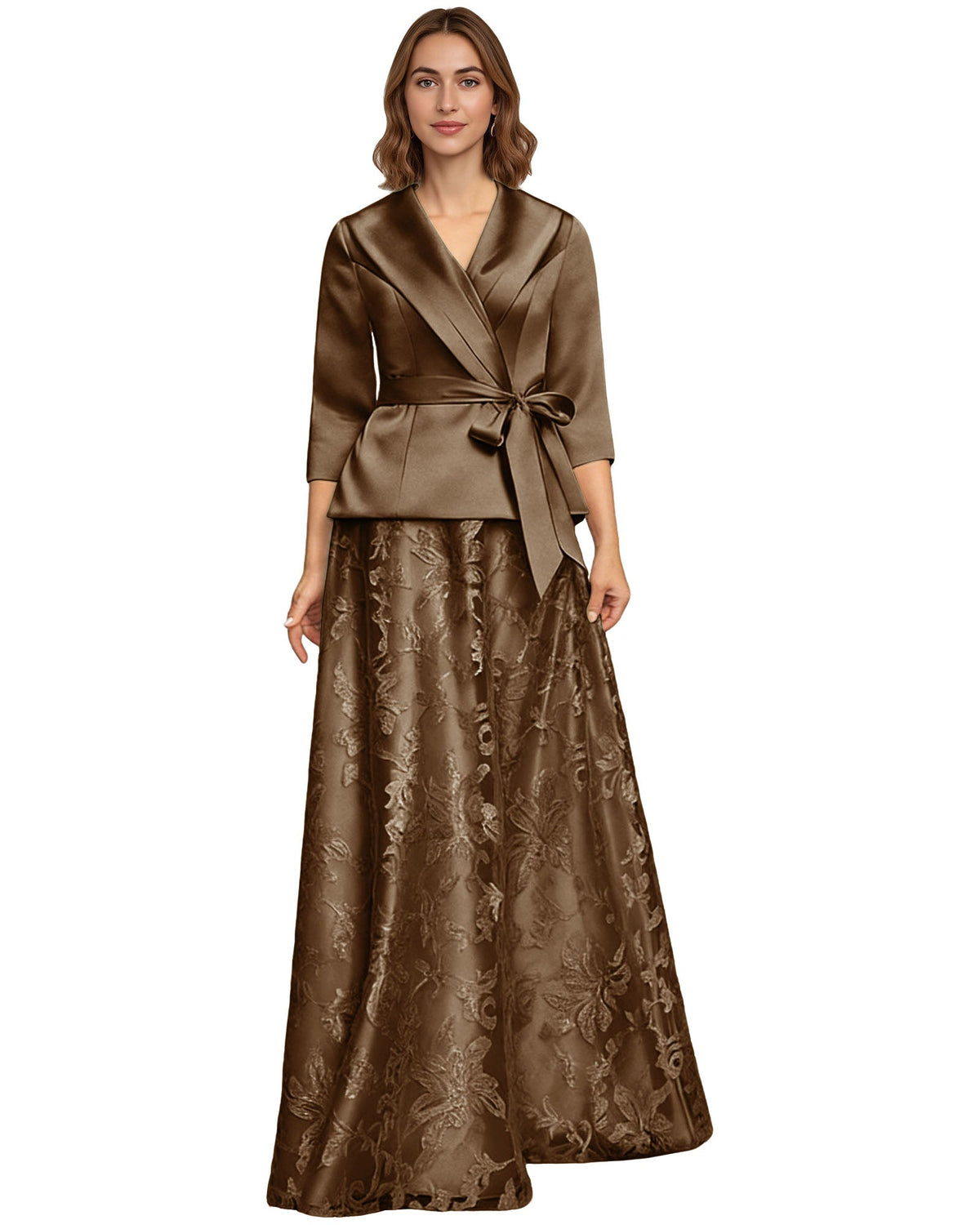 Two Piece Mother of the Bride Dress Satin Wrap Top Embroidered Long Skirt Formal Set