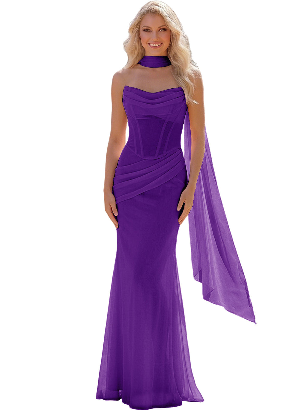Strapless Chiffon Bridesmaid Gown with Sheer Boned Bodice, Ruched Waist and Scarf