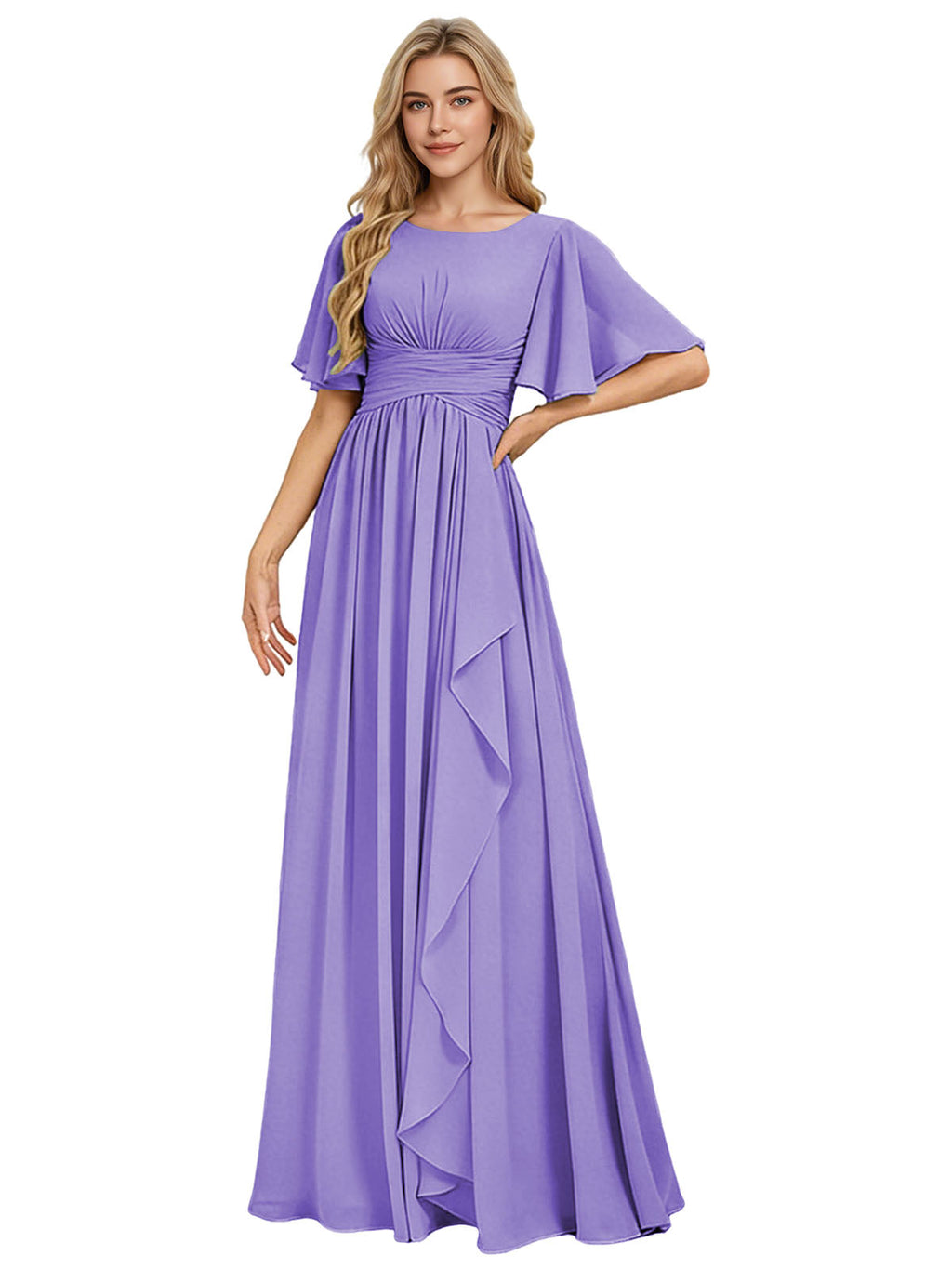 Flutter Sleeve Chiffon Bridesmaid Dress with Tiered Front Ruffle