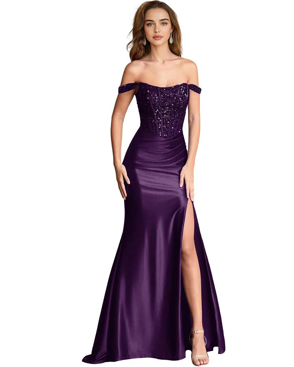 Off Shoulder Sequin Satin Mermaid Dress with Draped dress Slit