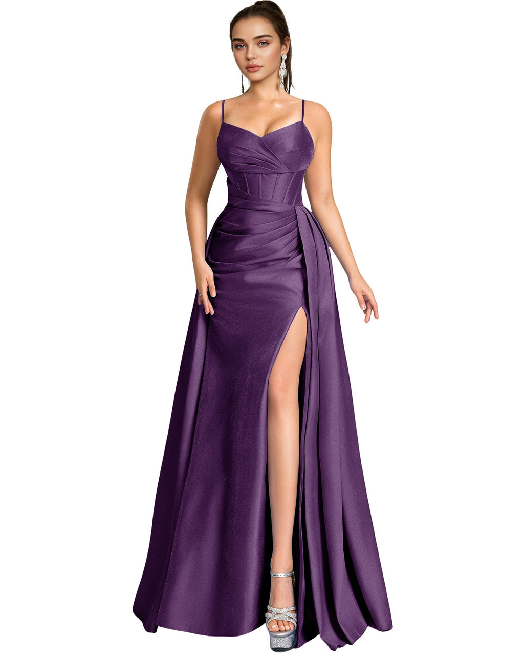 One Shoulder Satin A-Line Prom Dress with Wrap Bodice and Side Slit