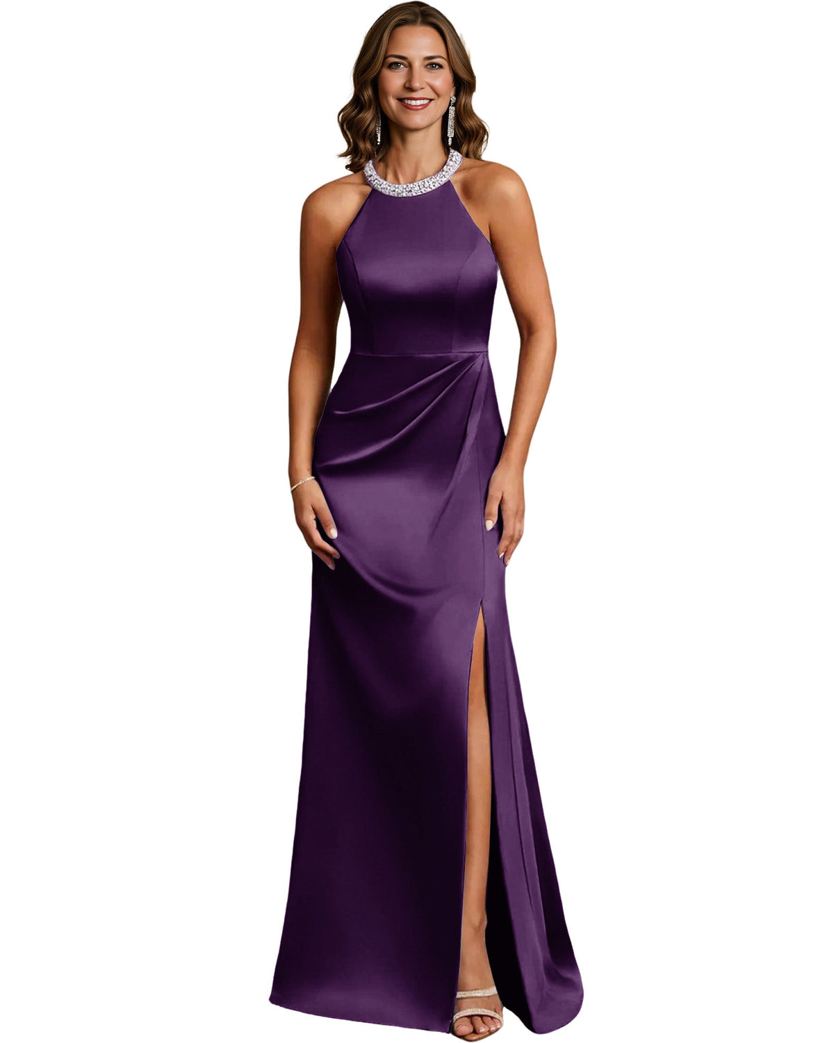Halter Neck Mother of the Bride Dress Satin Mermaid Gown with Beaded Collar and Slit